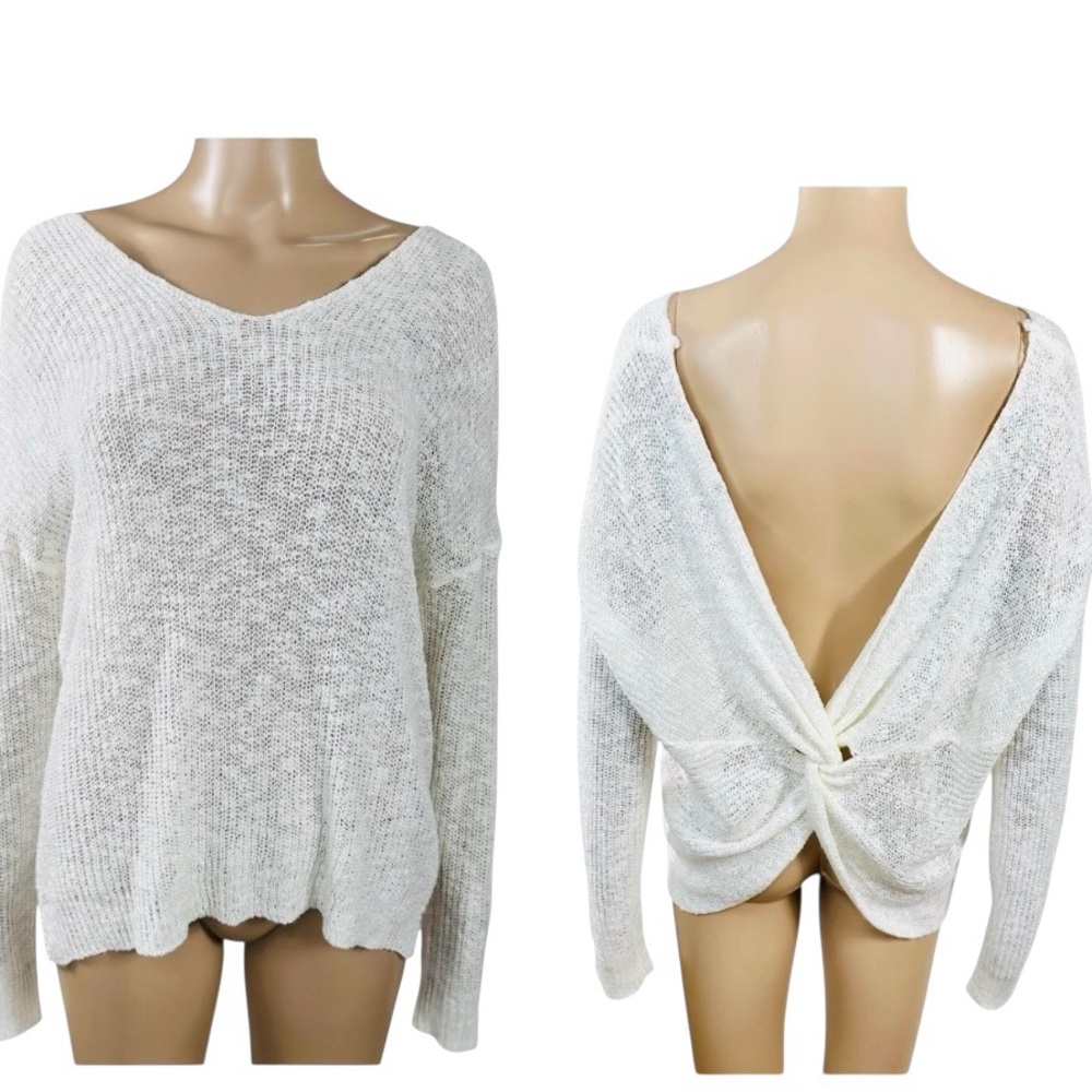 White Loose Open Knit Twist Back V-Neck Slouchy Oversized Sweater